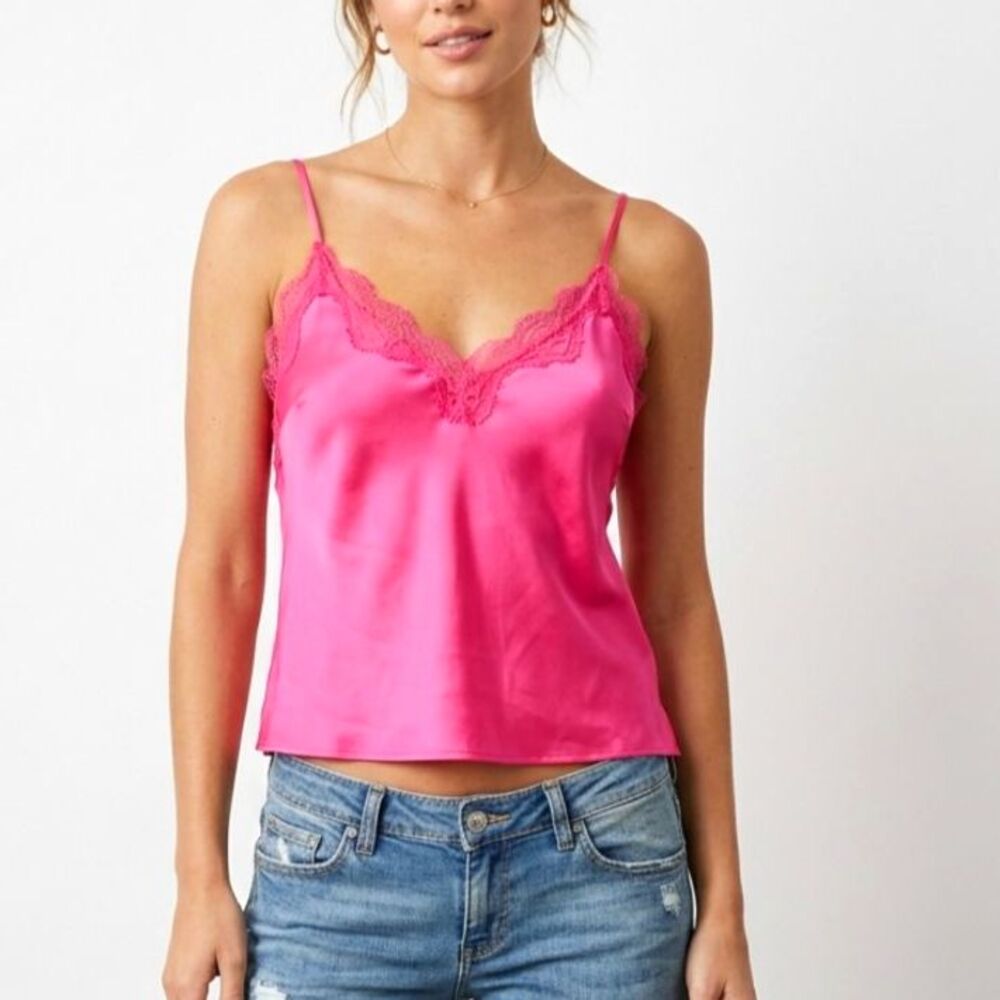 Victoria's Secret Women's Coral Pink Lace Trim V-Neck Cropped Cami Top Size L
